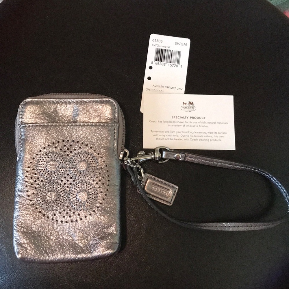 Coach Audrey metallic leather wristlet pouch